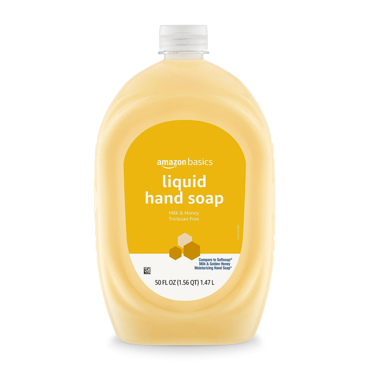 Amazon Basics close-up label highlighting milk and honey scent and triclosan-free formula benefits