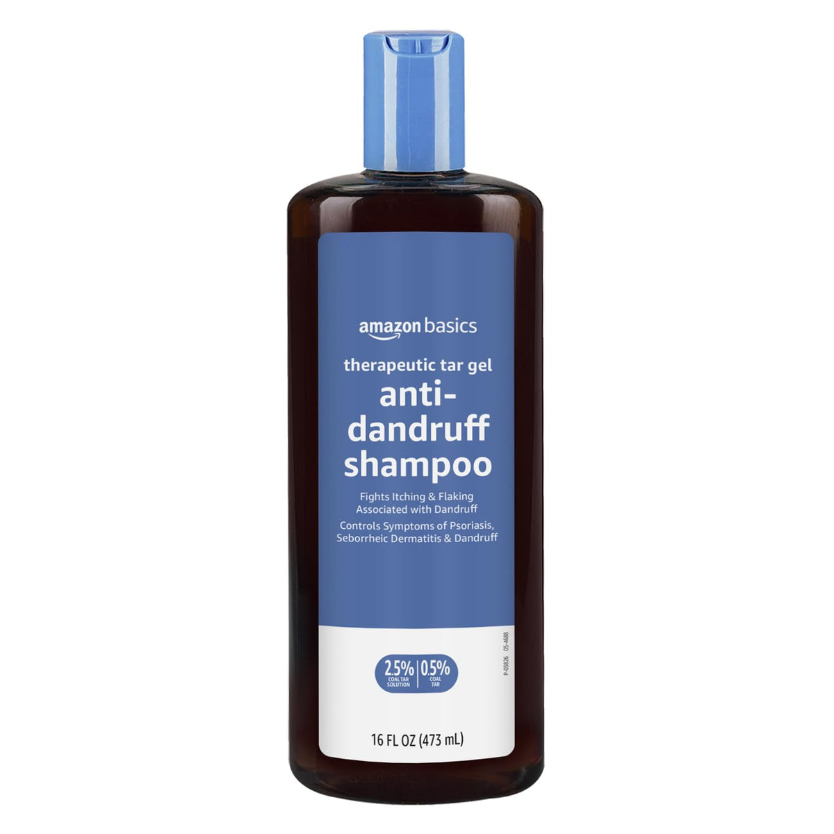 Amazon Basics front bottle view showing therapeutic tar shampoo and clear labeling benefit