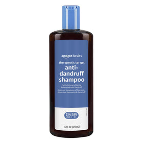 Amazon Basics front bottle view showing therapeutic tar shampoo and clear labeling benefit