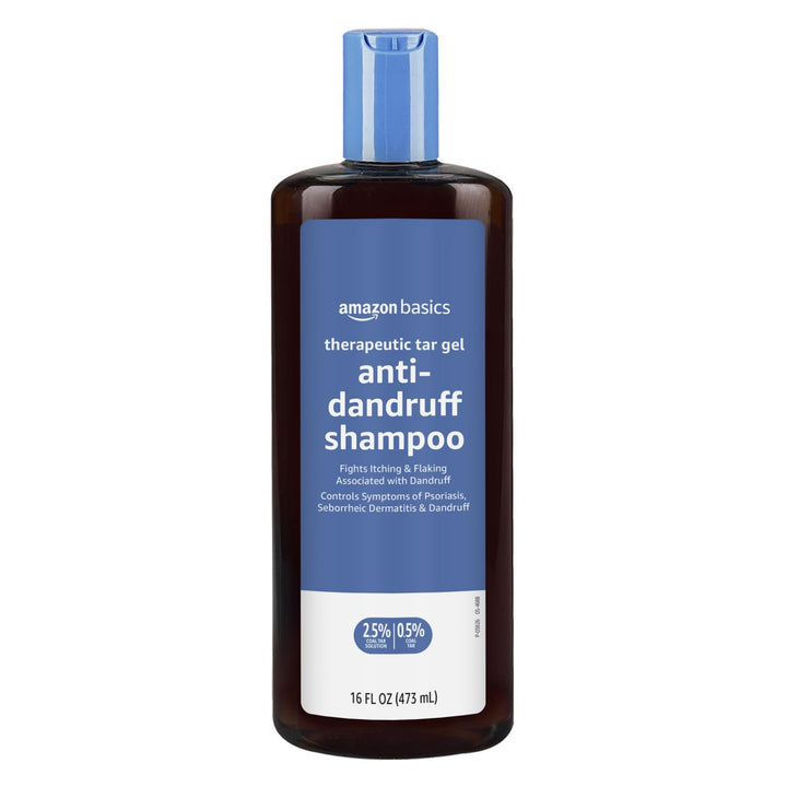 Amazon Basics front bottle view showing therapeutic tar shampoo and clear labeling benefit