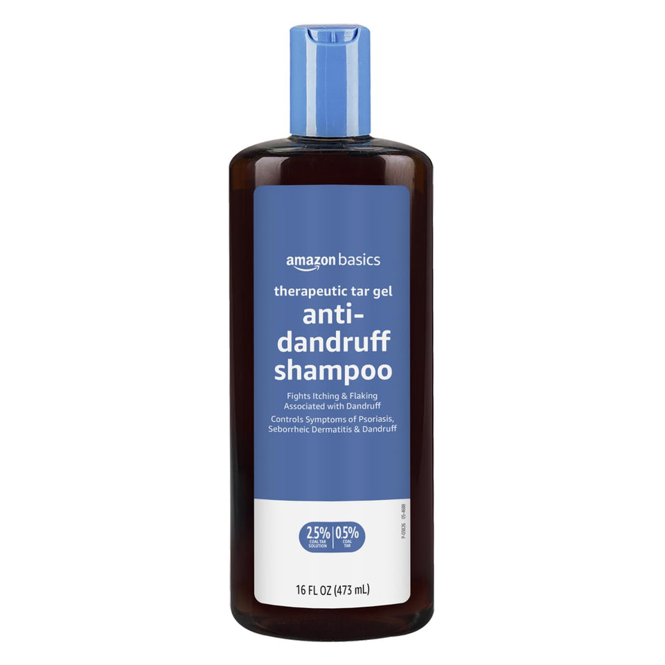 Amazon Basics front bottle view showing therapeutic tar shampoo and clear labeling benefit