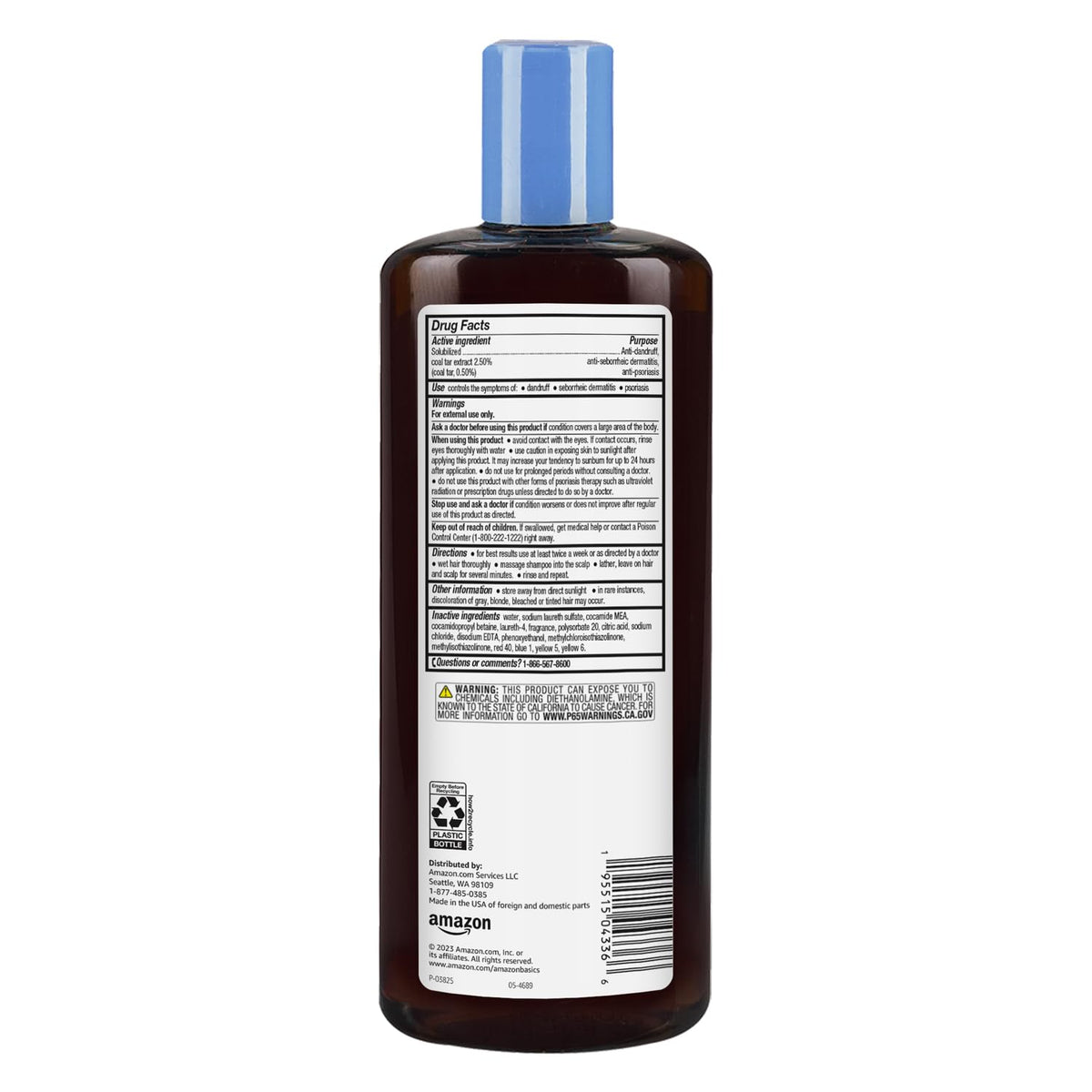Amazon Basics close-up of product label emphasizing coal tar strength and usage benefit