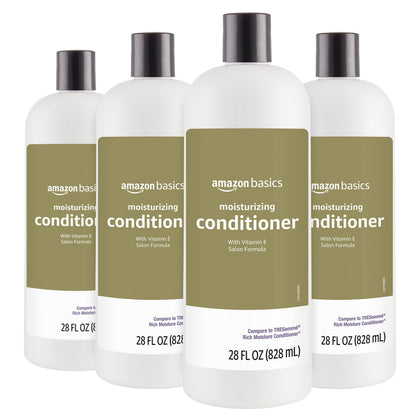 Amazon Basics conditioner front packaging showing bottle and volume, benefits soft hair