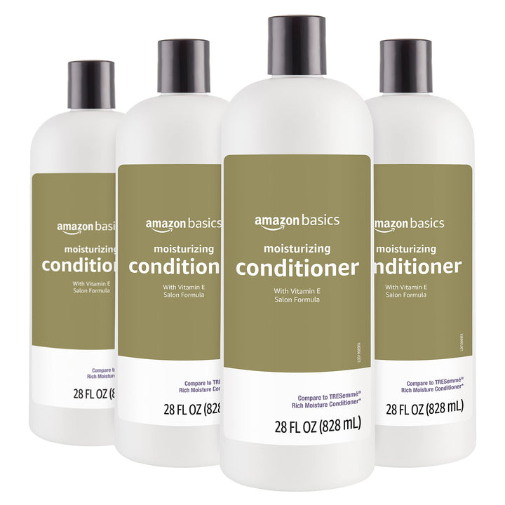 Amazon Basics conditioner front packaging showing bottle and volume, benefits soft hair