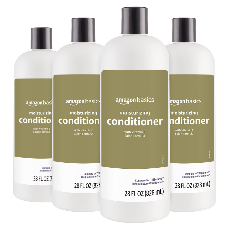 Amazon Basics conditioner front packaging showing bottle and volume, benefits soft hair