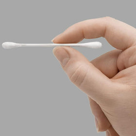Amazon Basics cotton swabs on a bathroom counter illustrating convenience and organized storage