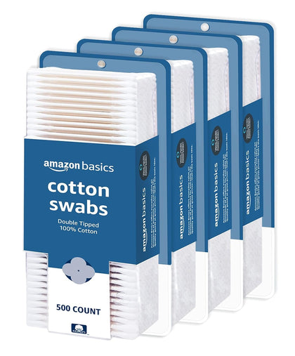 Amazon Basics front packaging showing four 500-count tubs and bulk savings benefit