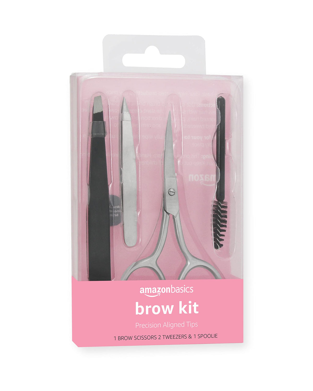 Amazon Basics eyebrow kit front layout showing all four tools and compact case for travel convenience