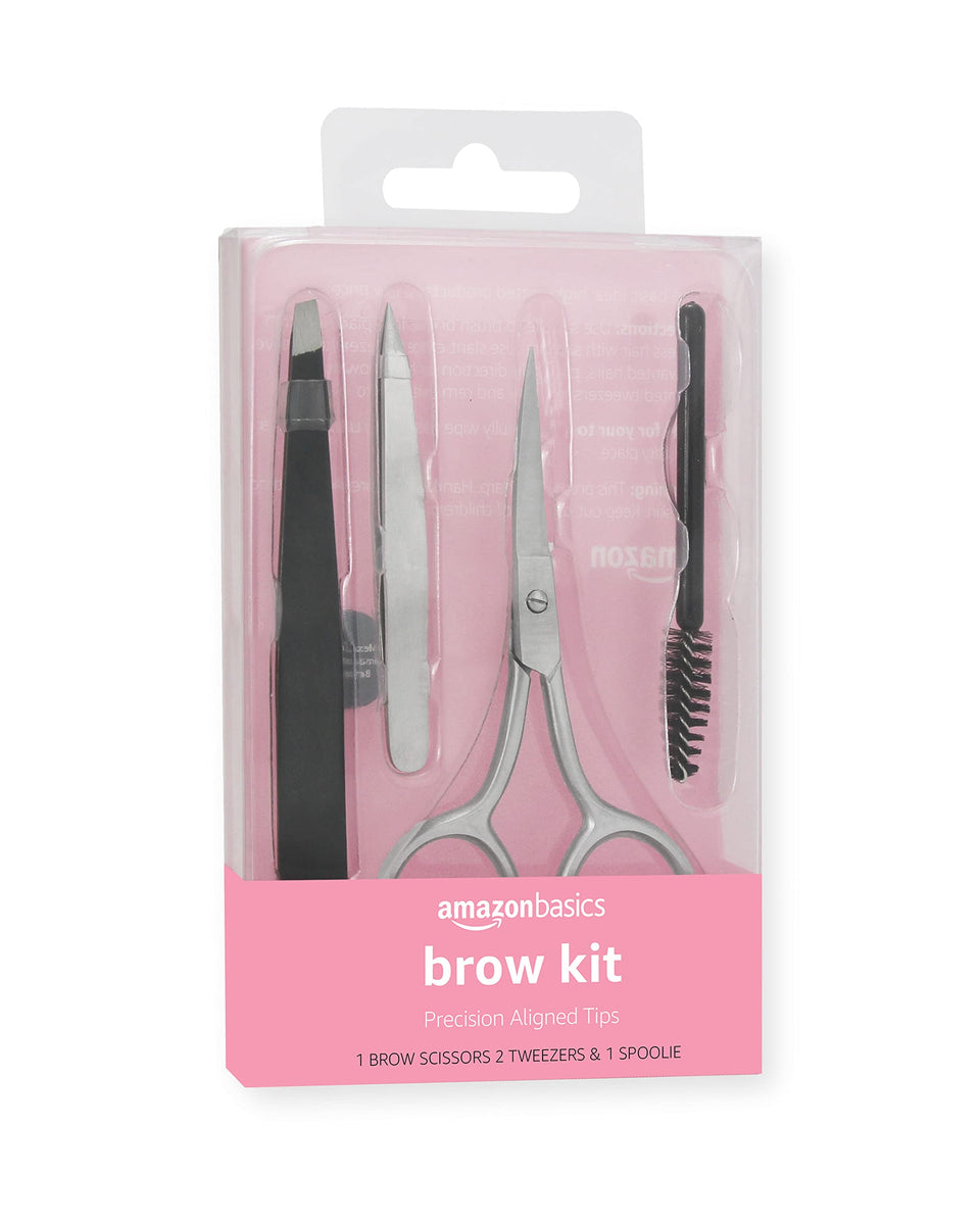 Amazon Basics eyebrow kit front layout showing all four tools and compact case for travel convenience