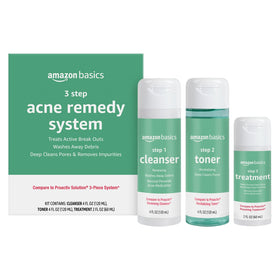 Amazon Basics front packaging showing all three acne system products and convenience