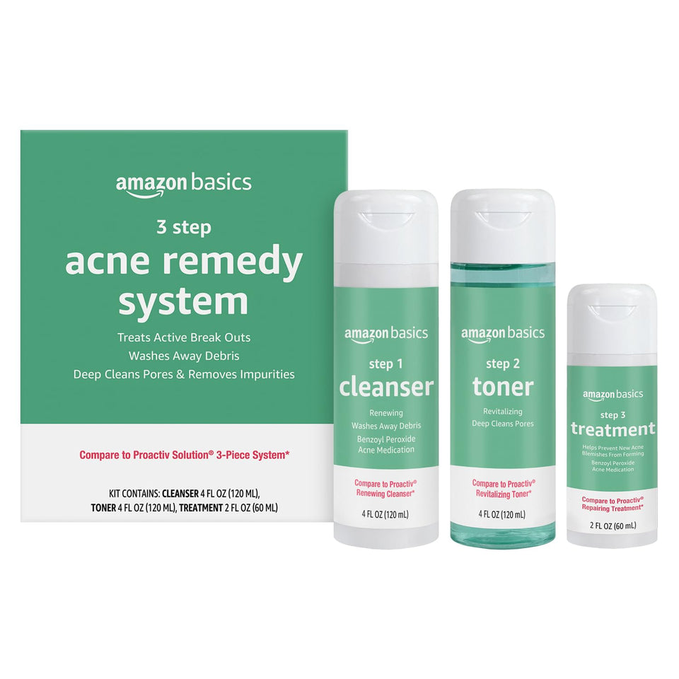 Amazon Basics front packaging showing all three acne system products and convenience