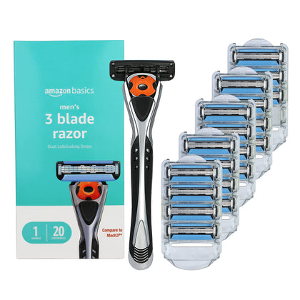 Amazon Basics front packaging of 21-piece razor set shows contents and benefits
