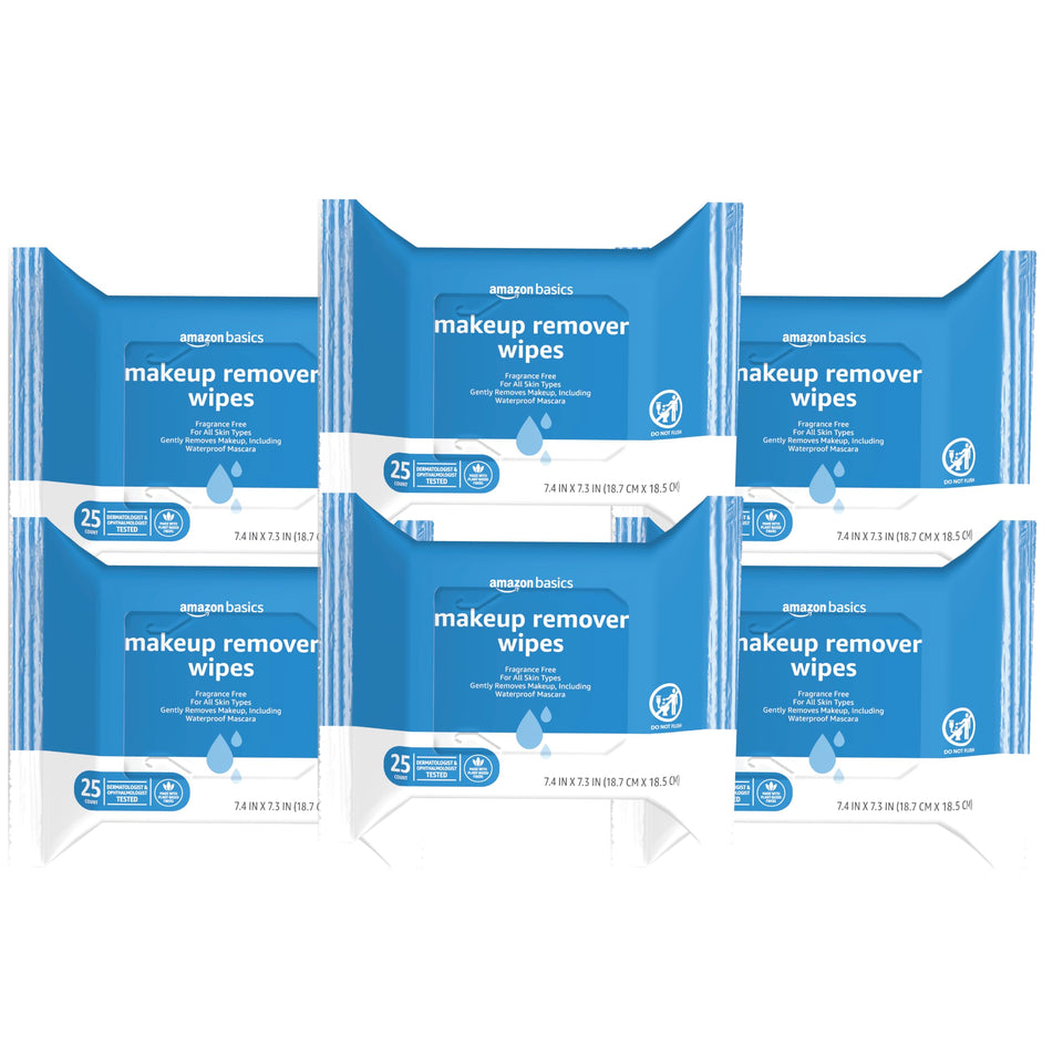 Amazon Basics front packaging showing six 25-count packs and benefits