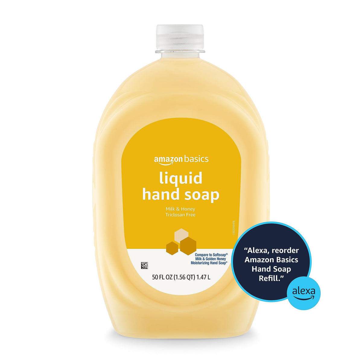 Amazon Basics in bathroom setting on counter illustrating a neat, refill-friendly supply benefit