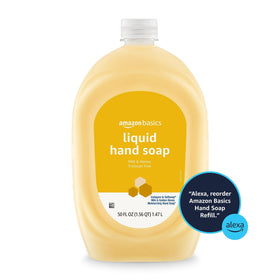 Amazon Basics in bathroom setting on counter illustrating a neat, refill-friendly supply benefit