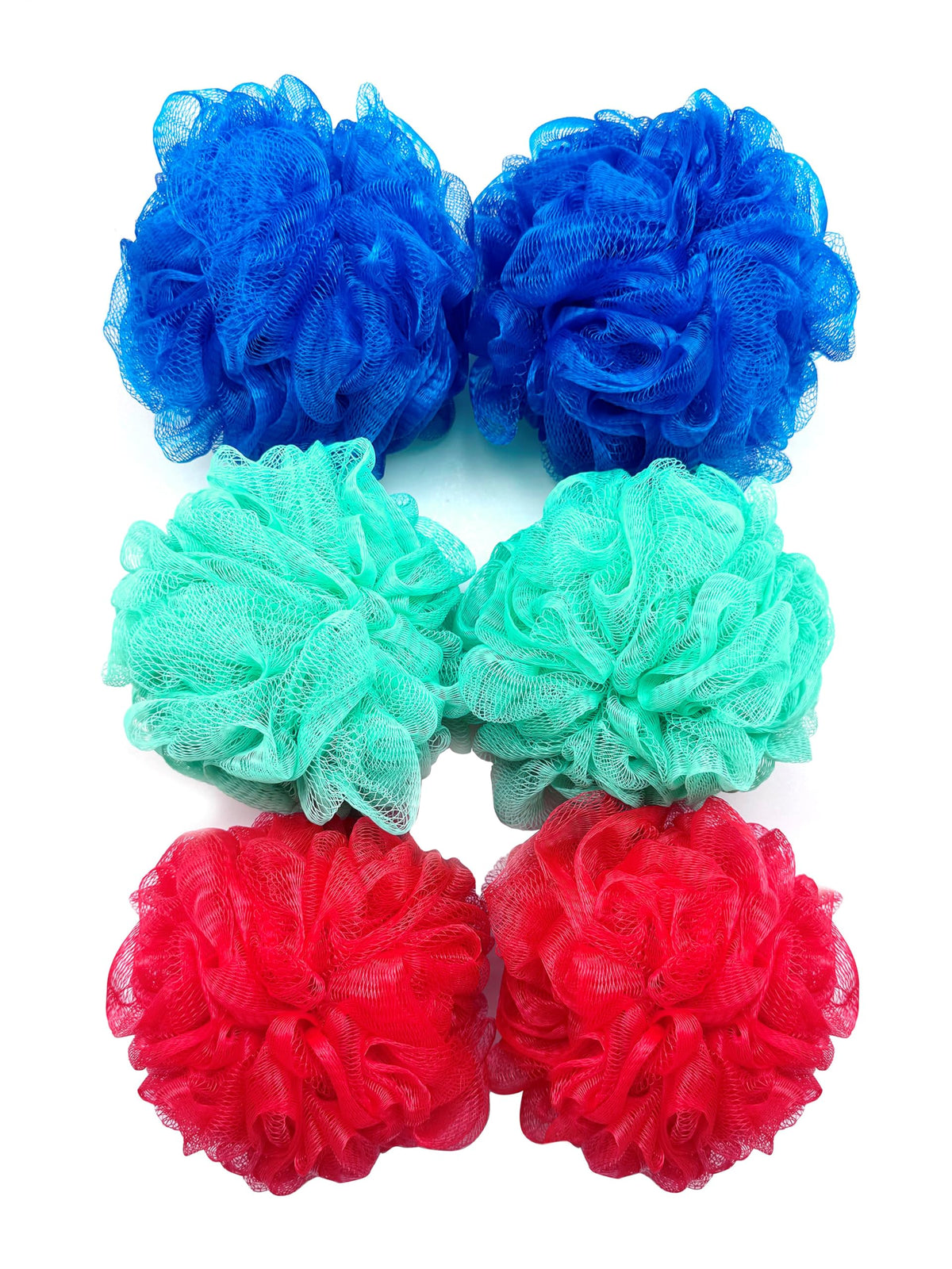 Amazon Basics loofah pack front view showing colors and hang loop for convenient storage