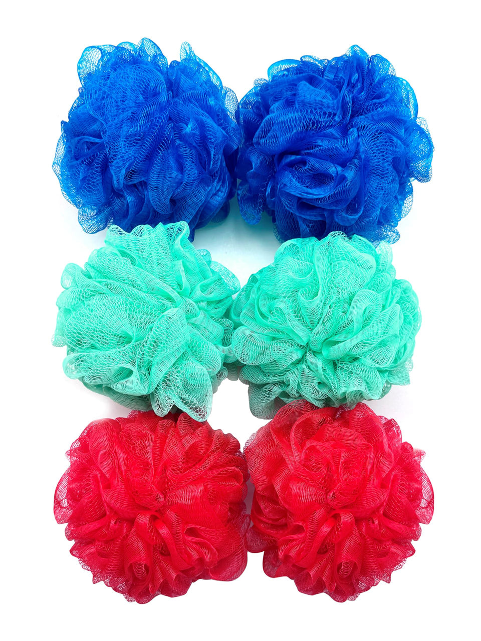 Amazon Basics loofah pack front view showing colors and hang loop for convenient storage