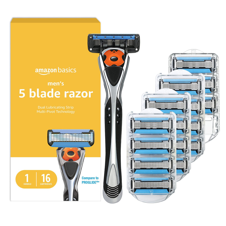 Amazon Basics front view of handle and 16 cartridges showcasing complete kit and convenience