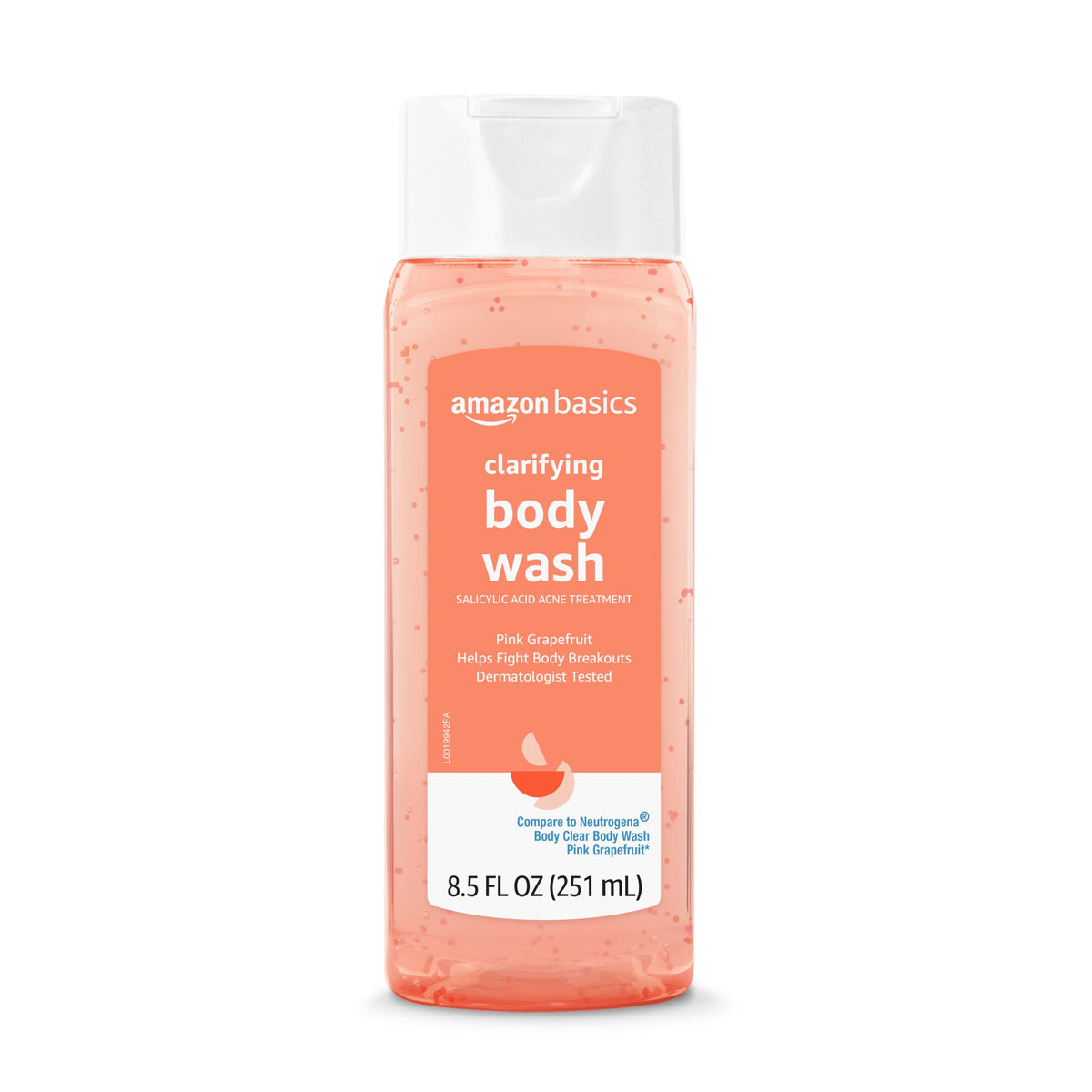 Amazon Basics front packaging showing 8.5 fl oz bottle and pink grapefruit scent benefits