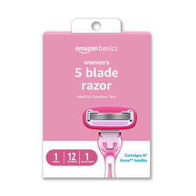 Amazon Basics front packaging showing full razor kit and included refills for convenience