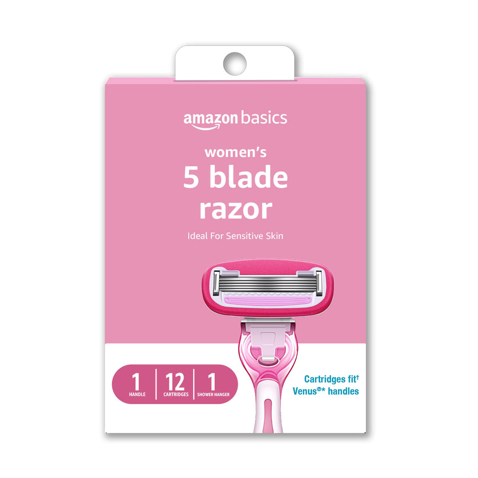 Amazon Basics front packaging showing full razor kit and included refills for convenience