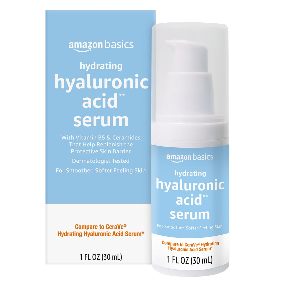 Amazon Basics front bottle view showing clean hydrating serum packaging and convenience