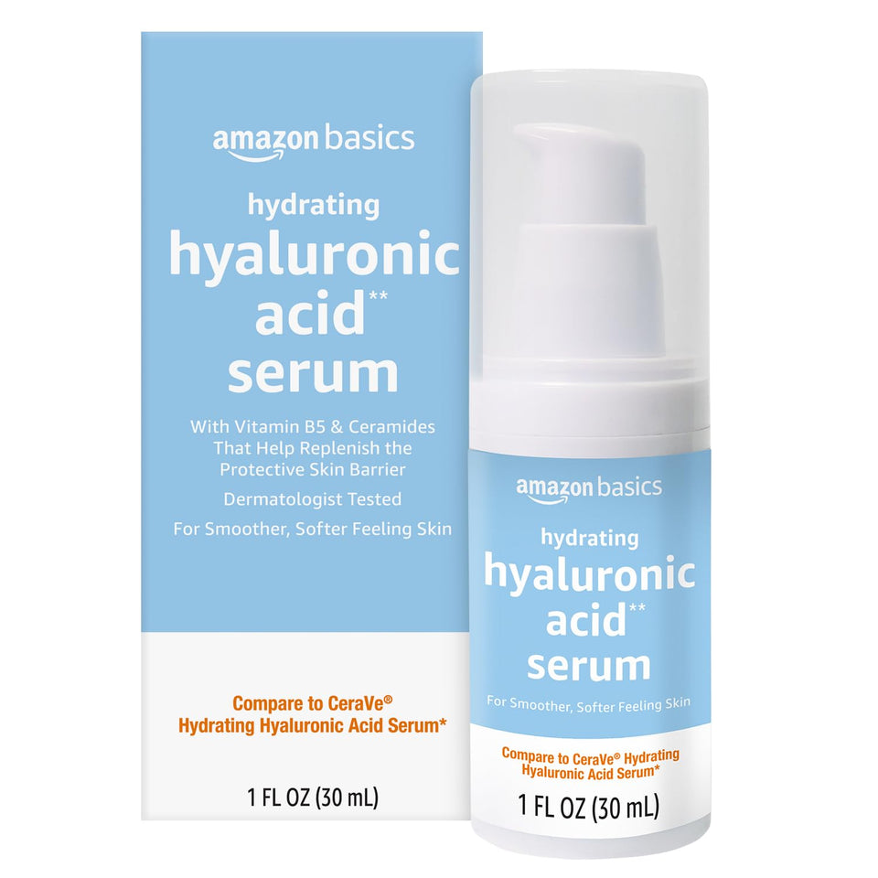 Amazon Basics front bottle view showing clean hydrating serum packaging and convenience