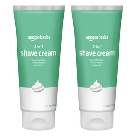 Amazon Basics front packaging showing two shave cream tubes and clear product benefits
