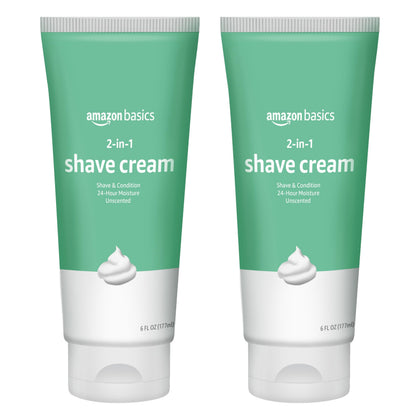 Amazon Basics front packaging showing two shave cream tubes and clear product benefits