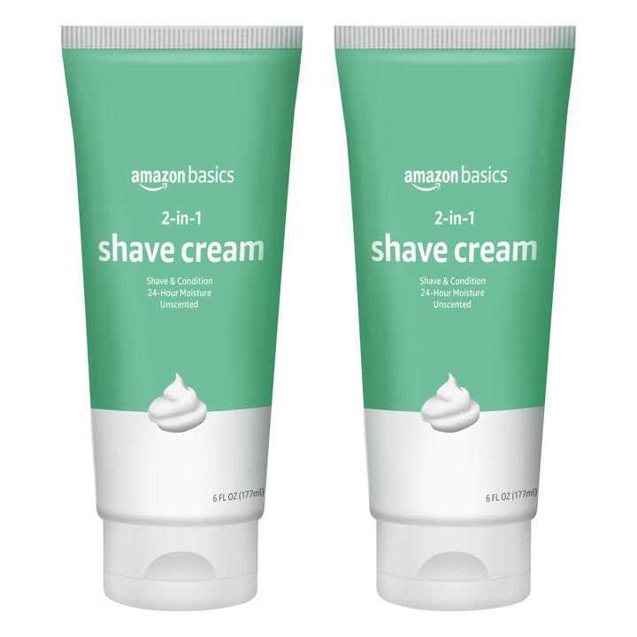 Amazon Basics front packaging showing two shave cream tubes and clear product benefits