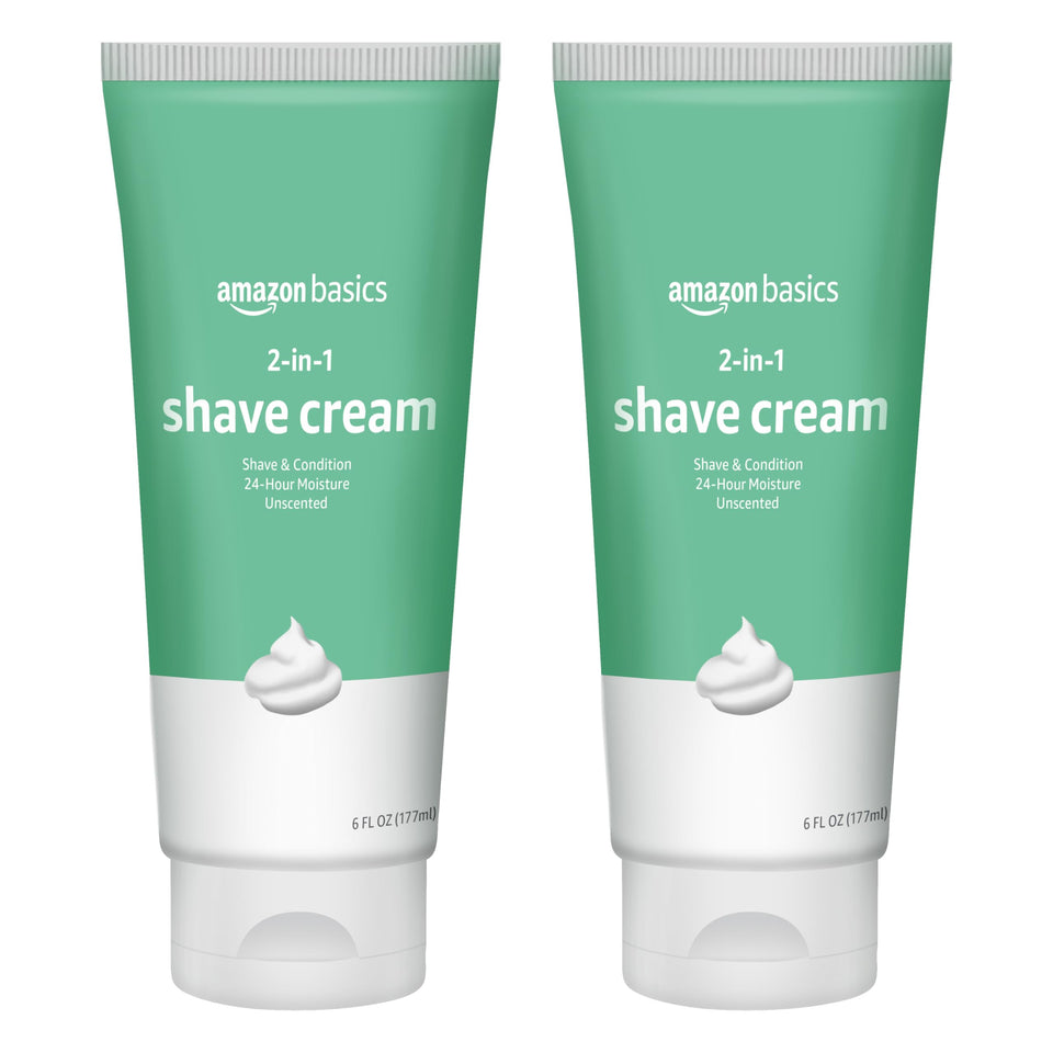 Amazon Basics front packaging showing two shave cream tubes and clear product benefits
