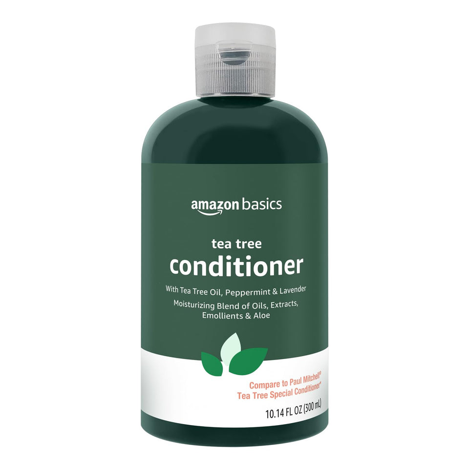 Amazon Basics front bottle view showing tea tree conditioner and clear labeling for easy selection