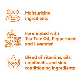 Amazon Basics ingredient label close-up highlighting tea tree, peppermint, and lavender content