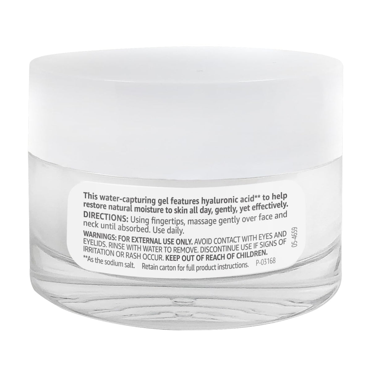 Close-up of Amazon Basics label showing hyaluronic acid and dermatologist-tested claim