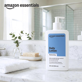 amazon essentials bottle on bathroom shelf portraying everyday skincare routine convenience