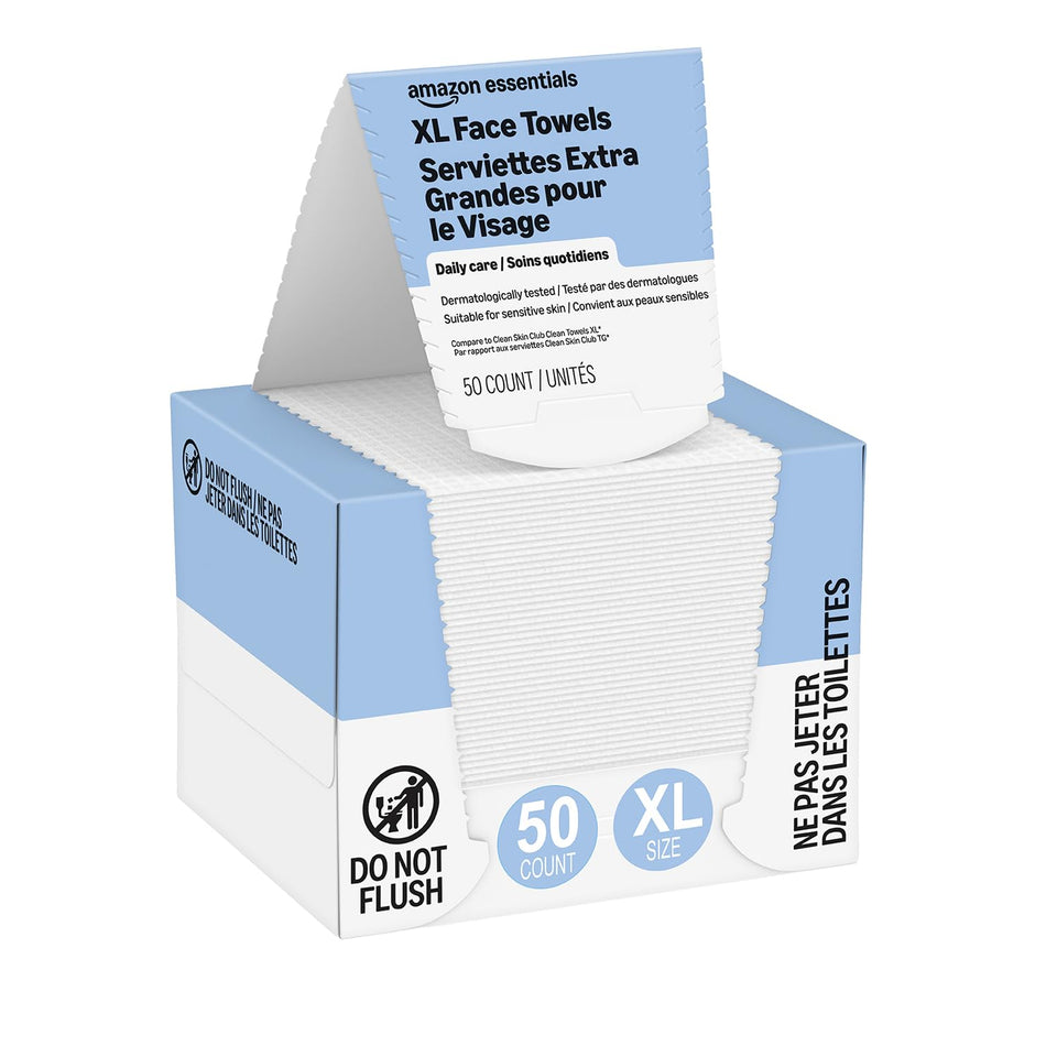 Amazon Essentials front packaging showing 50-count pack and size benefits