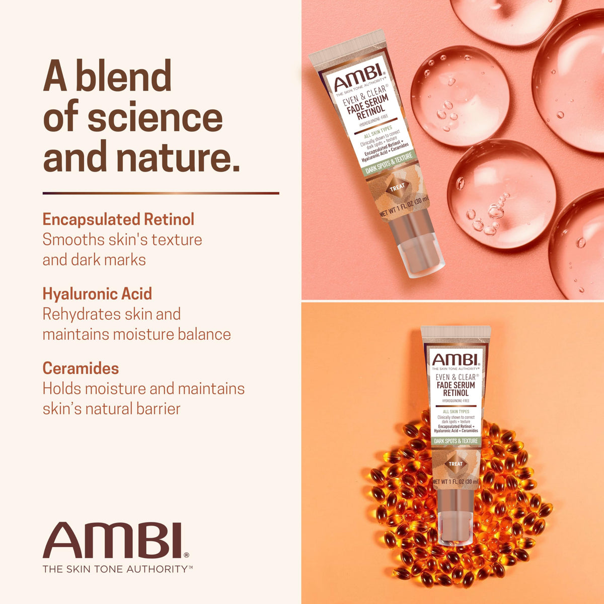 Ambi bottle beside ruler to display 1 fl oz size and travel-friendly scale