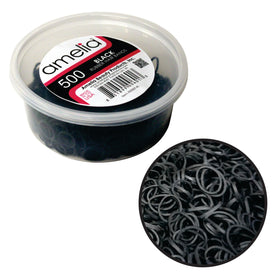 Amelia Beauty front packaging showing 500 black bands and brand for organized supply