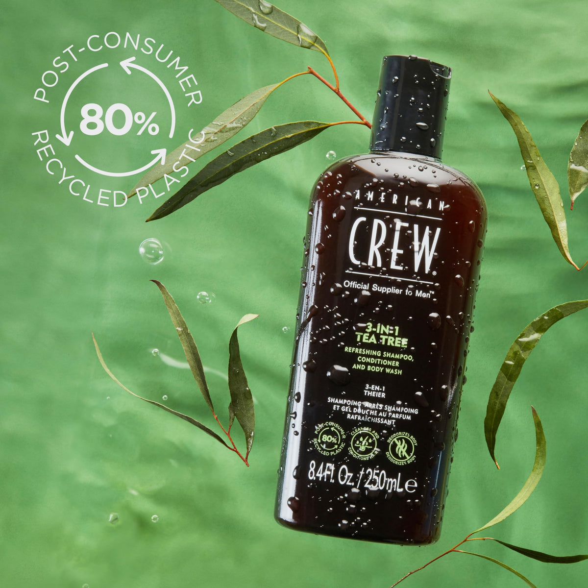 American Crew used in a gym shower to quickly cleanse skin and hair after workouts