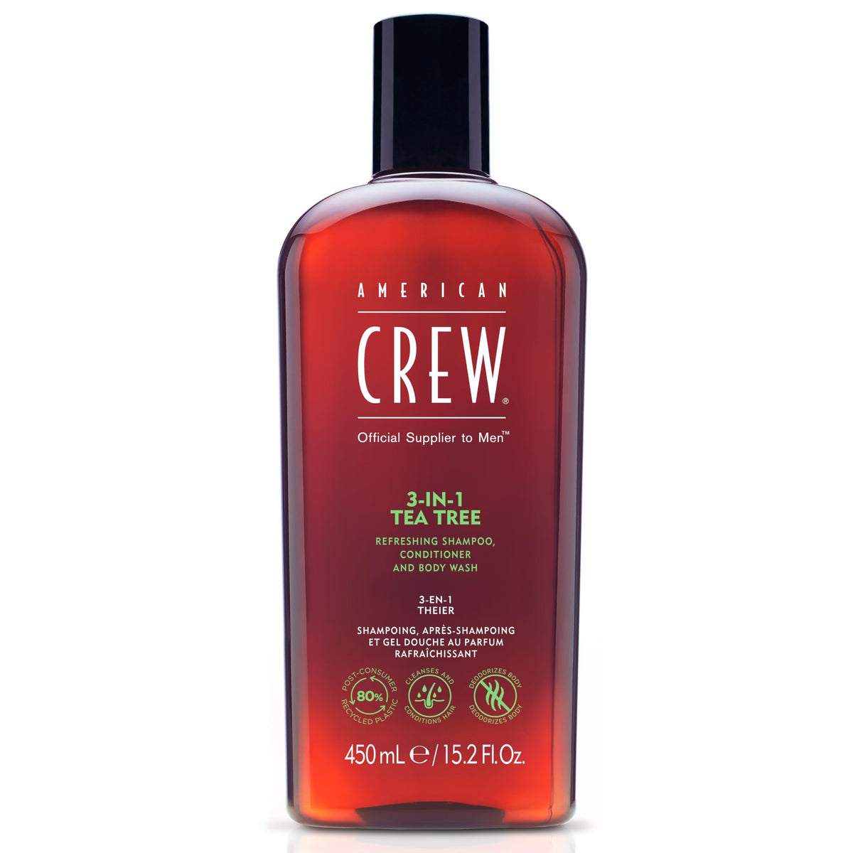 American Crew front label showing 3-in-1 tea tree benefits for quick grooming