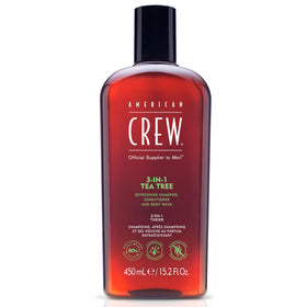 American Crew front label showing 3-in-1 tea tree benefits for quick grooming