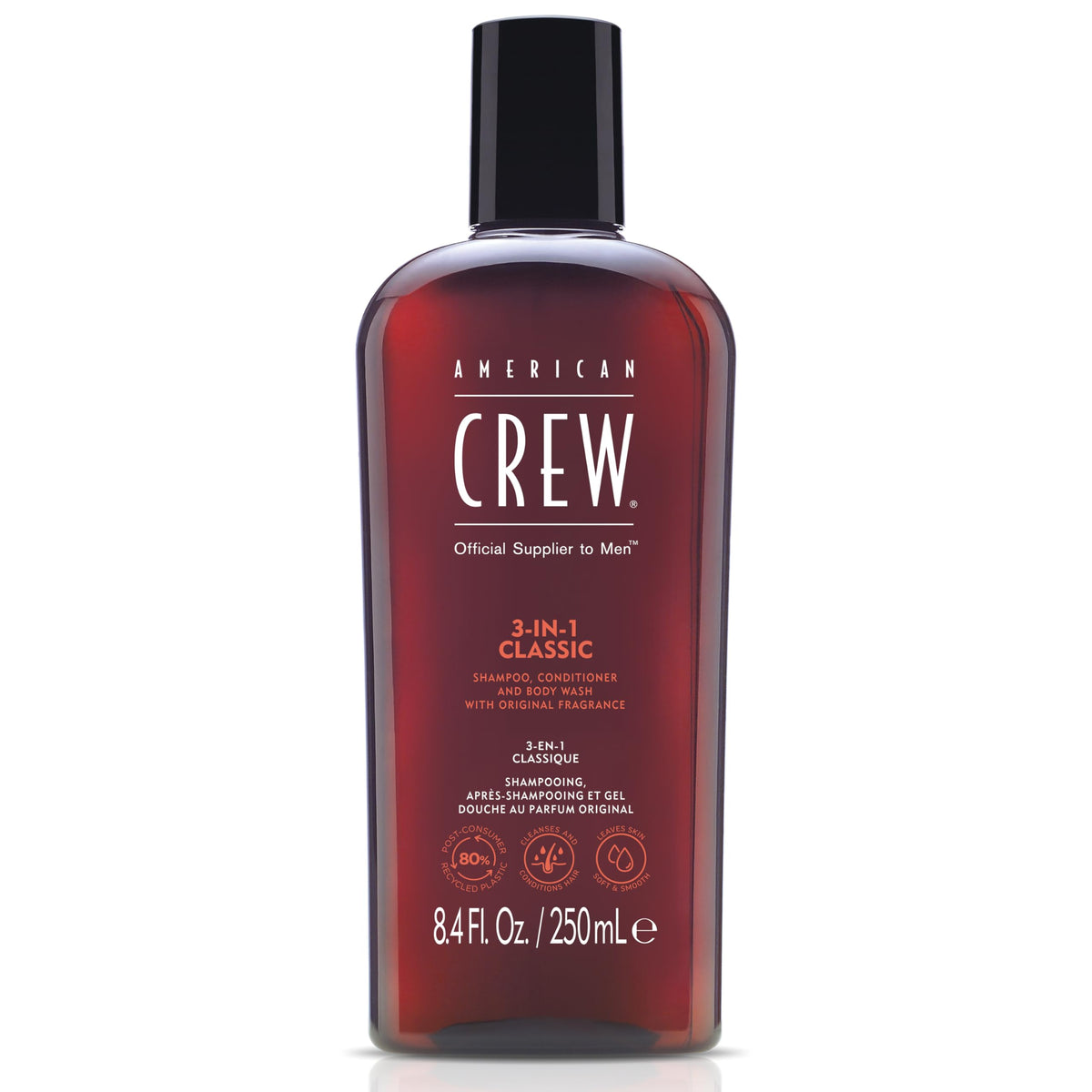 American Crew front packaging shows product and grooming simplicity benefit