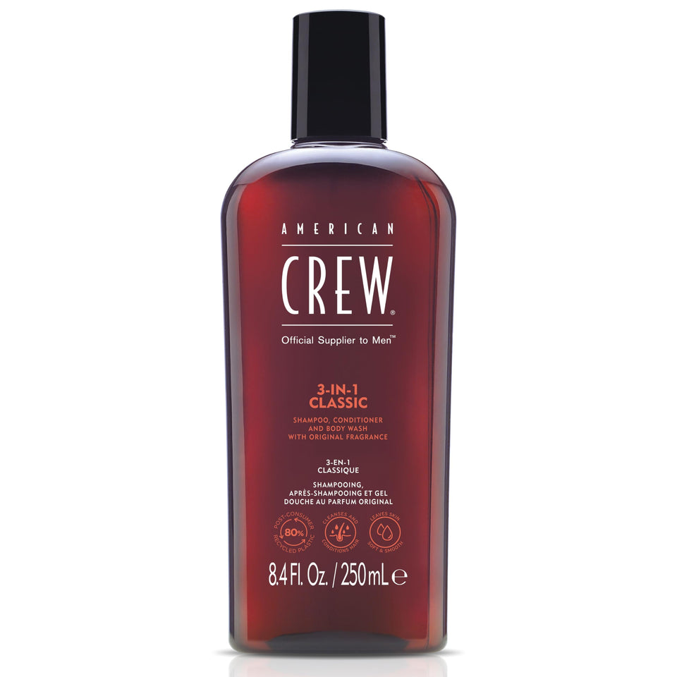 American Crew front packaging shows product and grooming simplicity benefit