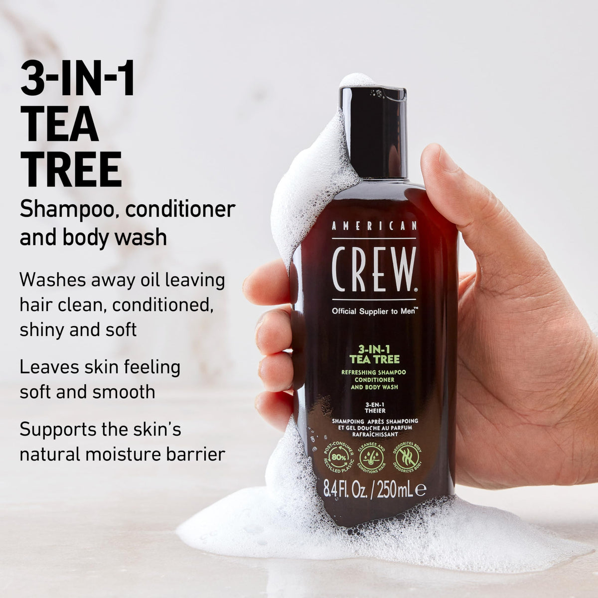 American Crew being applied to hair in shower for refreshed scalp and softer strands
