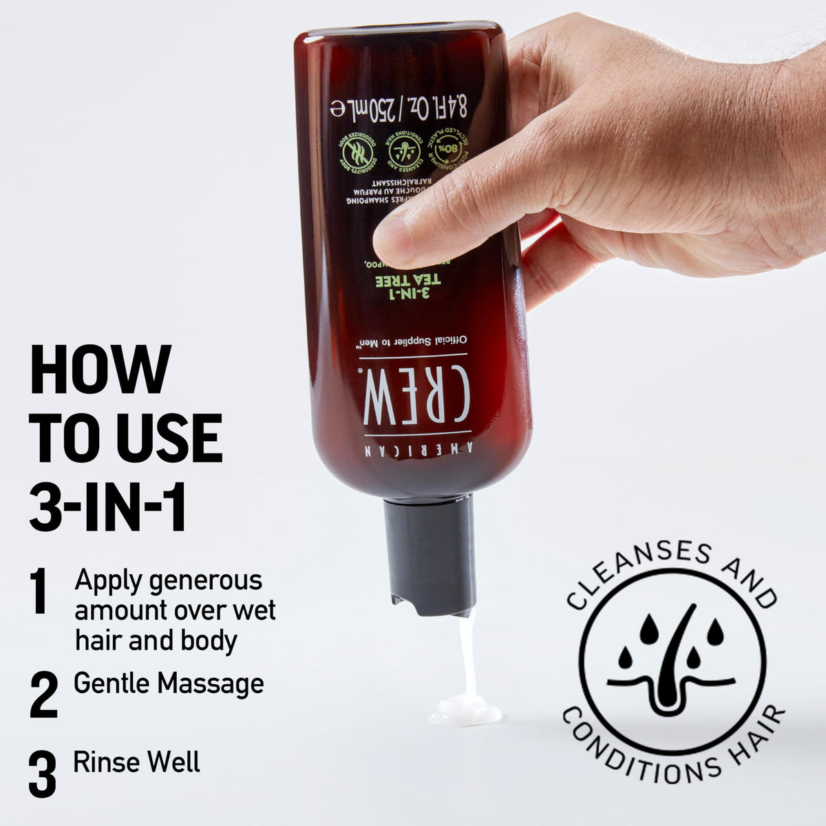 American Crew bottle next to sink to show 15.2 fl oz size for travel convenience
