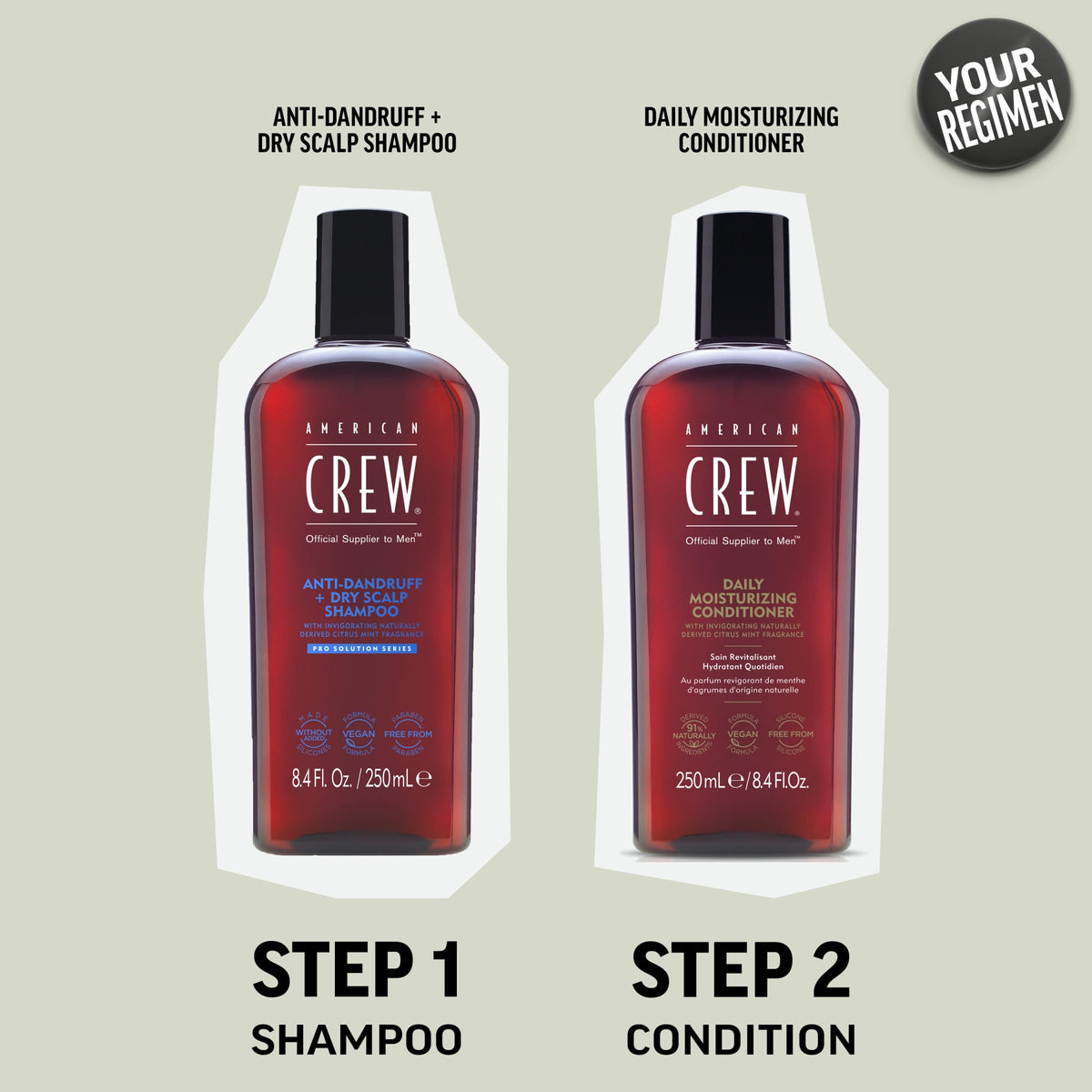 American Crew on bathroom counter in grooming routine conveying refreshed scalp