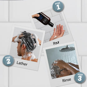 American Crew open bottle pouring shampoo showing application and control