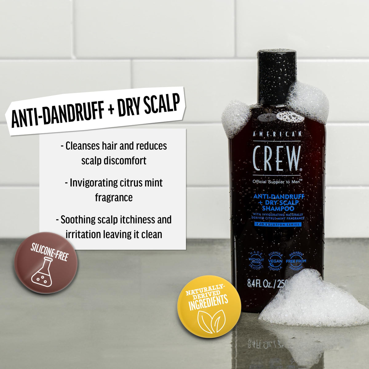 American Crew label close-up highlighting ingredients and vegan formula benefit