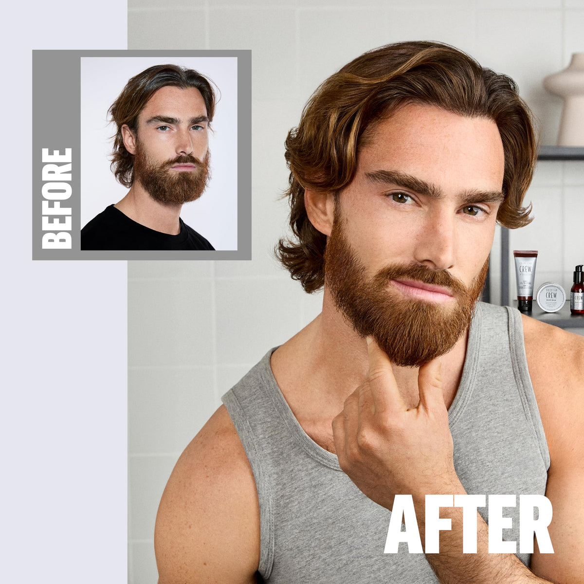 American Crew applied to beard of model to tame flyaways and add softness