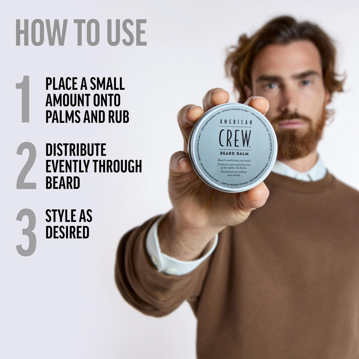 American Crew next to a razor showing 2.3 fl oz travel-friendly size